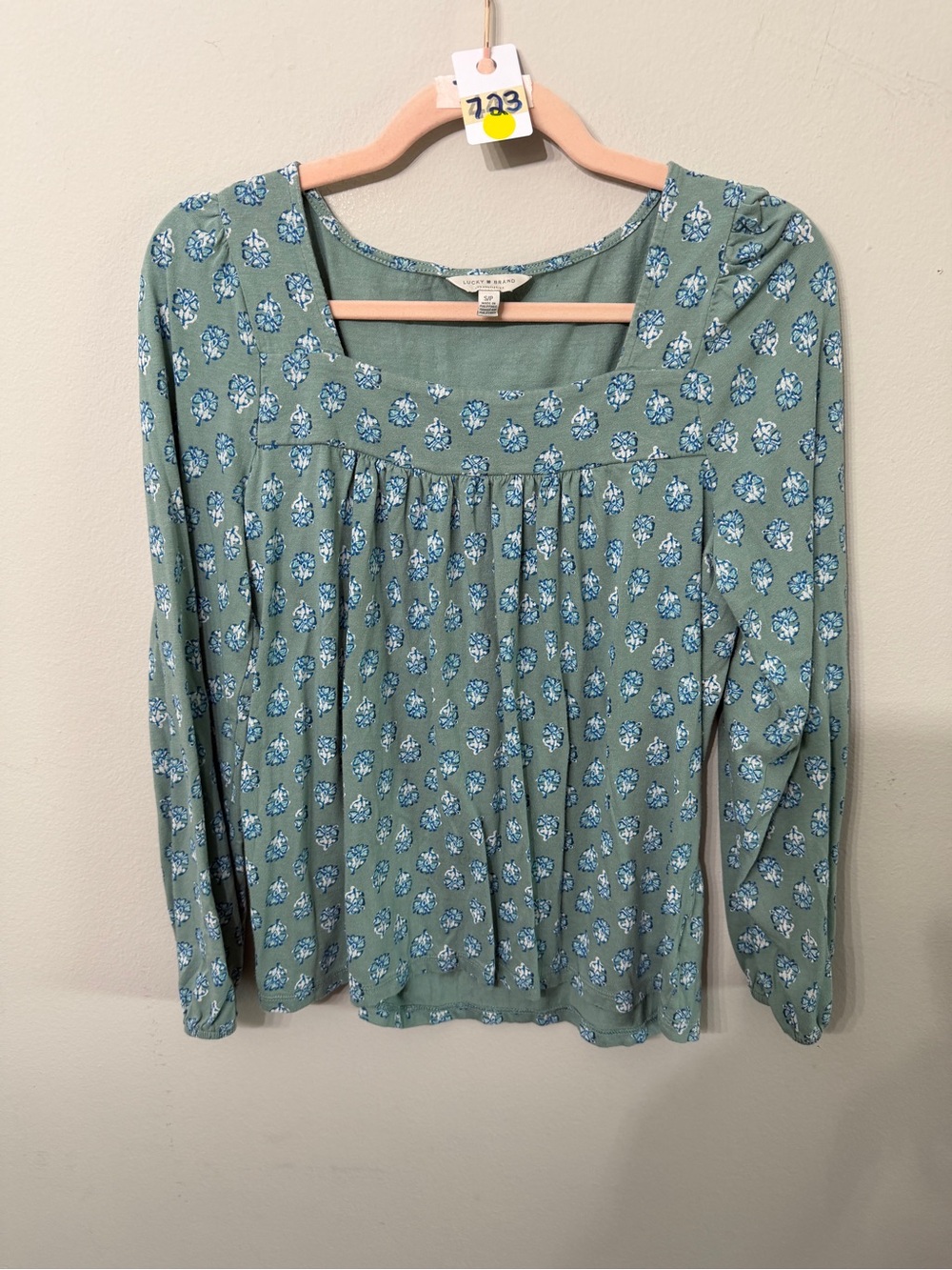 Women’s Lucky Brand Sage Blue Floral Peasant Blouse Size Small